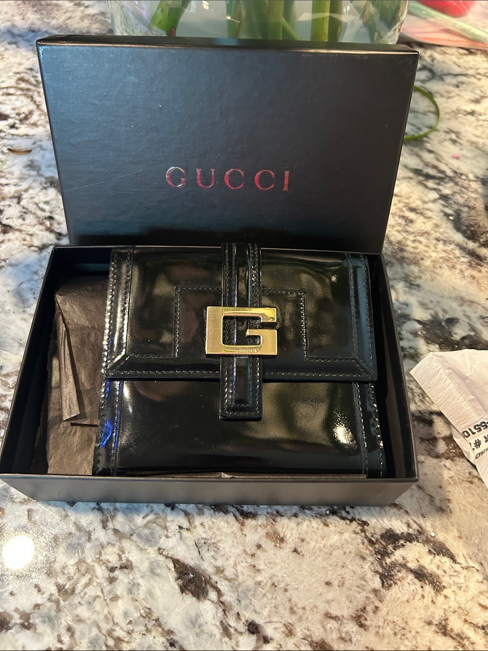 Gucci Black Patent Leather Compact Fold Wallet with G Logo